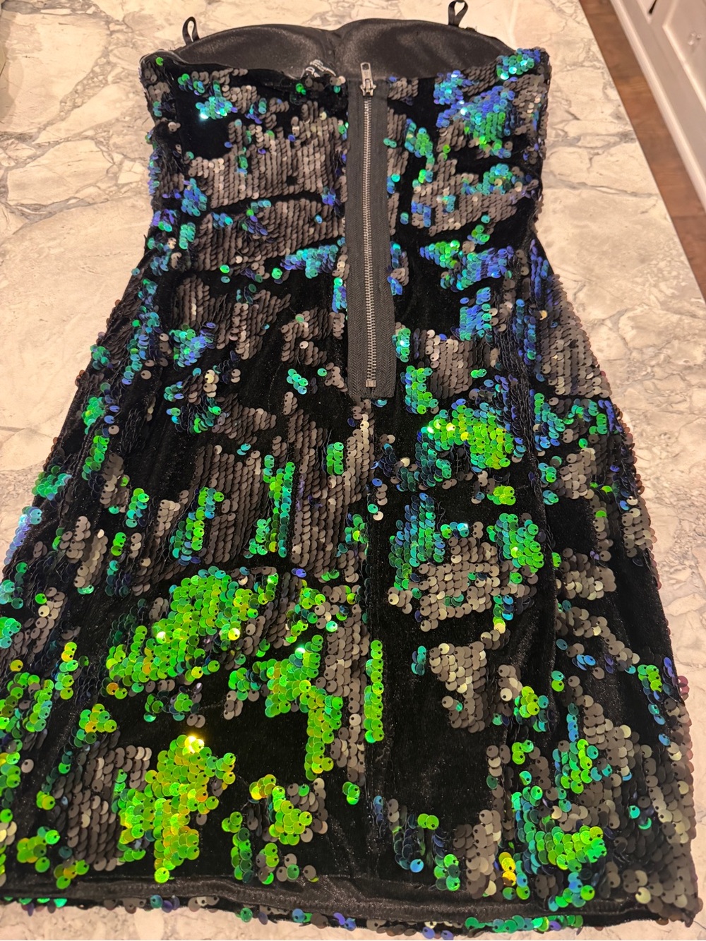 bebe Black Sequin Strapless Dress with Green & Blue Iridescent Accents - Picture 2 of 5